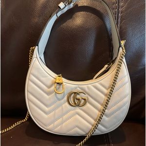 Authentic Gucci GG Marmont Half Moon Shaped Mini Bag White Gold Hardware